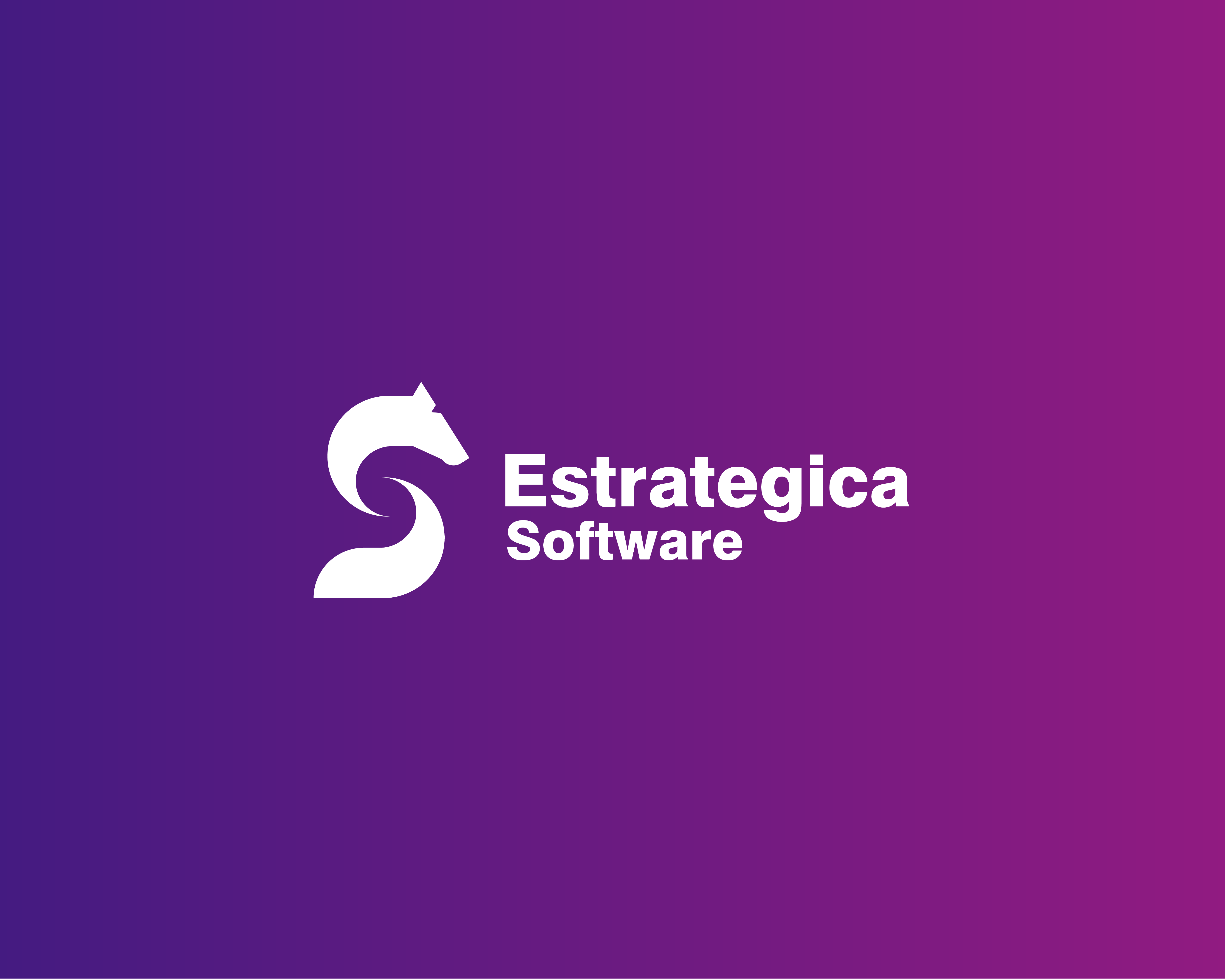 Logo de Estrategica Software sobre un fondo degradado morado y magenta